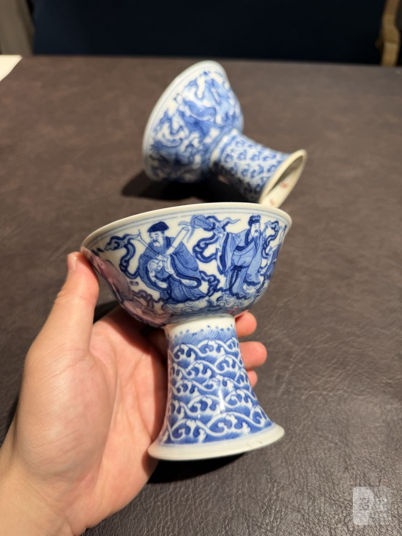清道光 青花八仙人物高足碗一对 - 图3